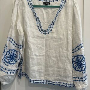 J.Crew linen white tunic/blouse with blue embroidery design